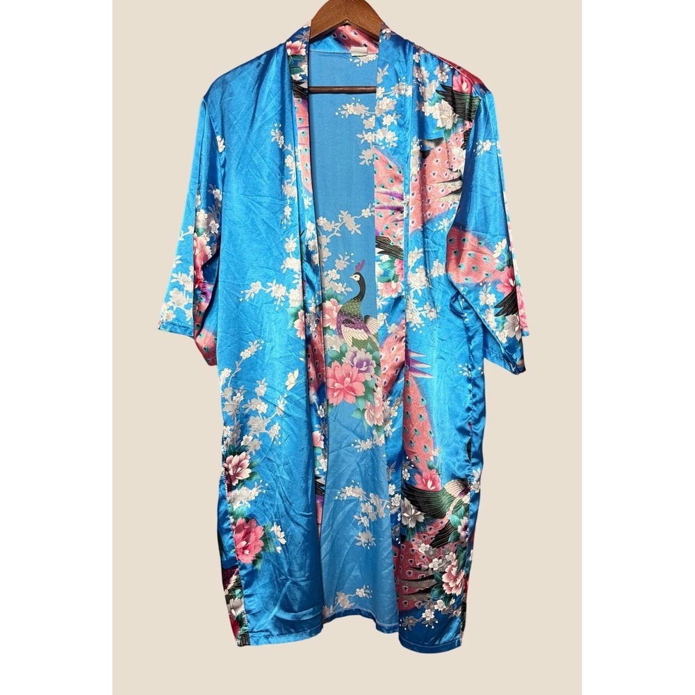 AT 100% Silk Peacock Floral Robe Women Medium Blue Good Missing Belt Kimono